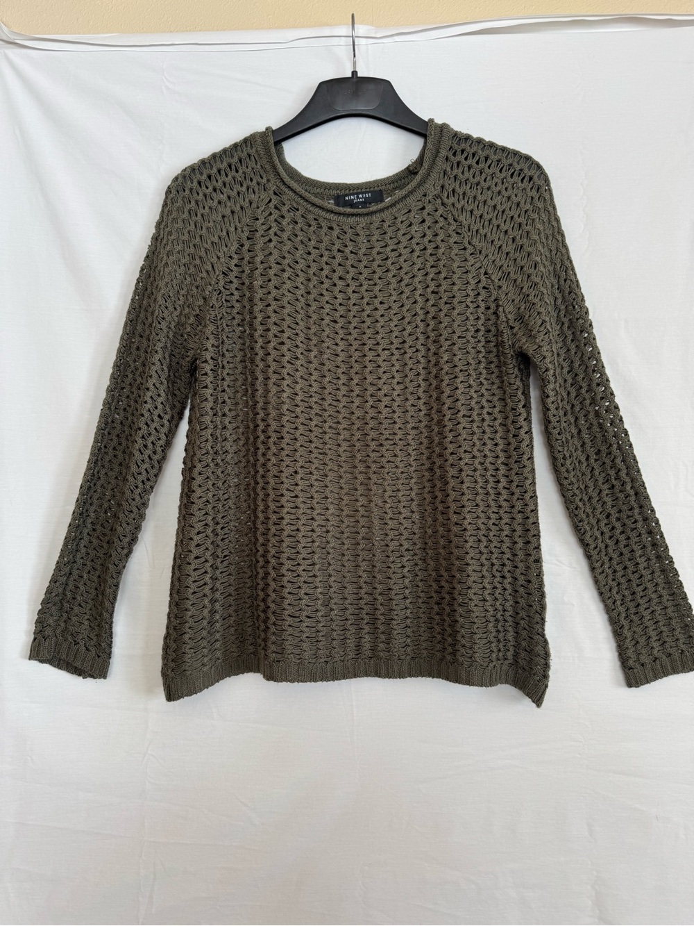 Nine West Olive Open-Weave Crewneck Sweater